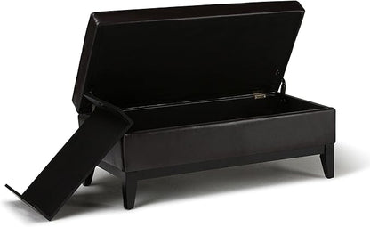 SIMPLIHOME Oregon 42 inch Wide Contemporary Rectangle Storage Ottoman Bench with Tray in Tanners Brown Vegan Faux Leather, Assembled, For the Living Room, Entryway and Family Room