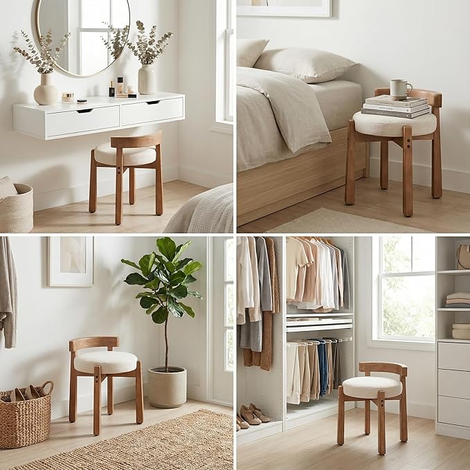 HNY Modern Linen Ottoman- Low-Back Makeup Seat & Lounge Footrest with Solid Wood Frame, Casual Style for Bedroom Dressing Area, Beige