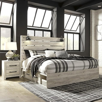 Signature Design by Ashley Cambeck Farmhouse King Panel Platform Bed with 4 Storage Drawers, Cubbies, Sconce Lights and USB Ports, Foundation or Box Spring Not Needed, Whitewash