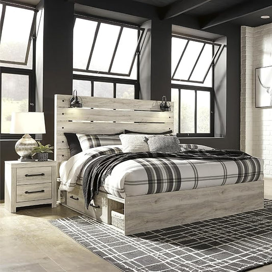 Signature Design by Ashley Cambeck Farmhouse King Panel Platform Bed with 4 Storage Drawers, Cubbies, Sconce Lights and USB Ports, Foundation or Box Spring Not Needed, Whitewash