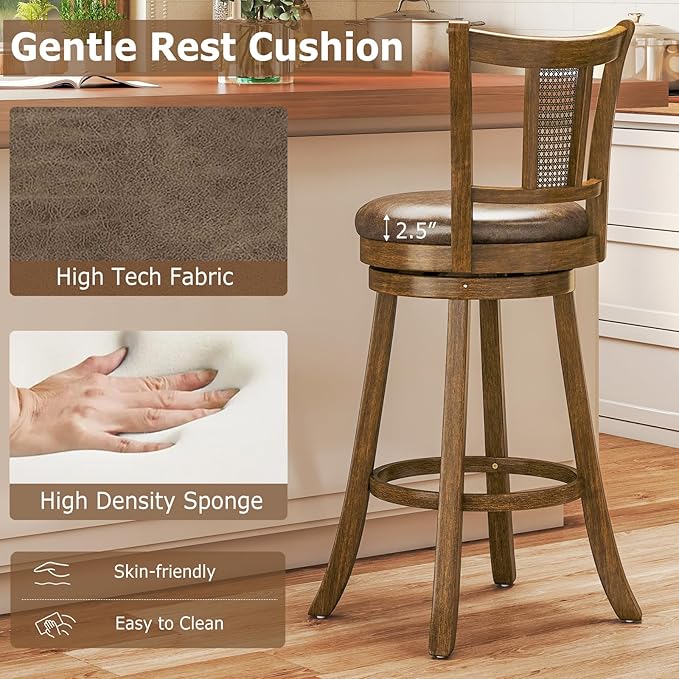 COSTWAY Barstools Set of 2, 30” Solid Rubber Wood Swivel Bar Chairs with Faux Leather Seat, Curved PE Rattan Back, for Living Room & Kitchen Island, Brown (2, 30” Seat Height)