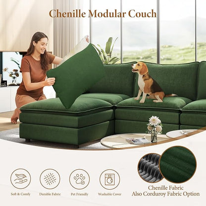 Vesgantti Large Modular Sectional Sofa, Big Comfy Cloud Couch with Ottoman Deep Seat Chenille Cloud Sofa, 8 Seater Large Sectional Couches for Living Room, Bedroom and Apartment, Green