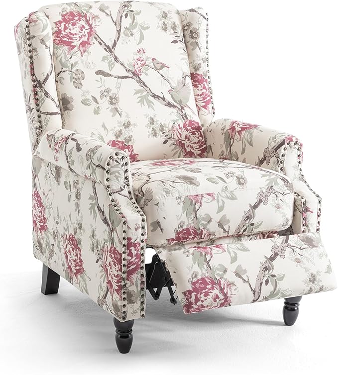 UIXE Pushback Floral Recliner Chair, Fabric Upholstered Armchair Push Back Accent Chair for Living Room, Rivet Trim Club Chair Home Theater Single Sofa Reading Seat - Beige Floral