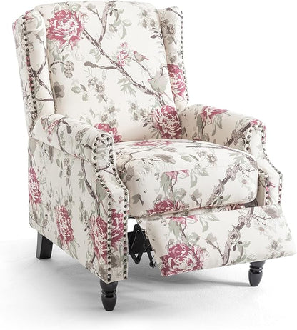 UIXE Pushback Floral Recliner Chair, Fabric Upholstered Armchair Push Back Accent Chair for Living Room, Rivet Trim Club Chair Home Theater Single Sofa Reading Seat - Beige Floral