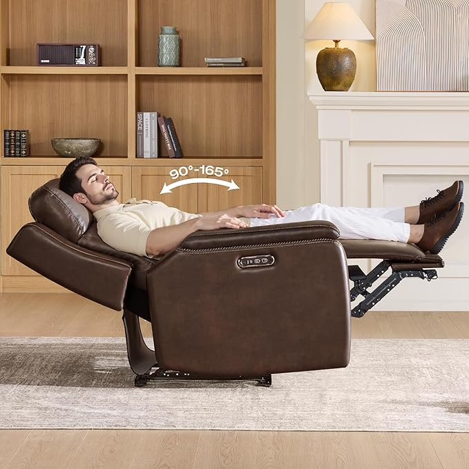 Watson & Whitely Genuine Leather Electric Recliner Chairs for Adults, Lay Flat Recliner with Power Headrest & Chargers for Living Room, Dark Brown
