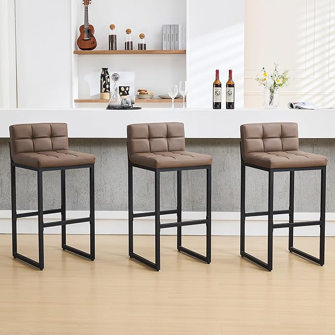 Set of 3 Bar Stools with Back, Modern Bar Height Barstools with Thickened Metal Legs, 30" Faux Leather Counter Chairs for Kitchen Island, Bar, Counter (Coffee Brown, 3Pcs 30" Bar Stools)