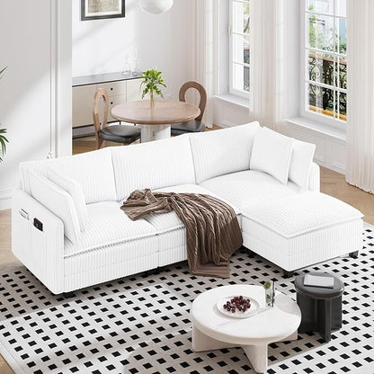 Vesgantti 109" L Shaped Cloud Sectional Couch, Comfy Corduroy Upholstered Modular Couches for Living Room, Modern Modular Sectional Sofa with Ottoman Deep Seat, Warm White
