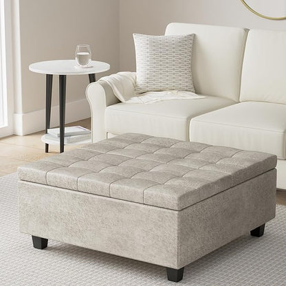 SIMPLIHOME Harrison 36 inch Wide Transitional Square Coffee Table Storage Ottoman in Distressed Grey Taupe Vegan Faux Leather, Assembled, For the Living Room and Bedroom