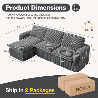 110'' Boneless Modular Cloud Couch for Living Room, Comfy Cloud Modular Sectional Couch with Ottoman, Convertible L Shaped Couches for Apartment, Dorm, No Assembly Required, Grey Corduroy
