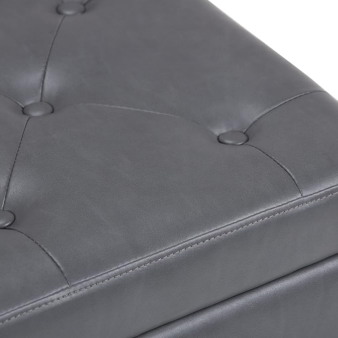 SIMPLIHOME Hamilton 48 inch Wide Transitional Rectangle Storage Ottoman in Stone Grey Vegan Faux Leather, Assembled, For the Living Room, Entryway and Family Room
