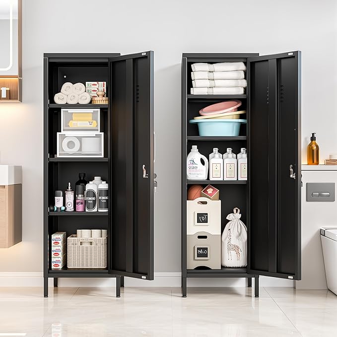 Tall Narrow Storage Cabinet 51.18" H Bathroom Cabinet Metal Pantry Cabinets, 3 Adjustable Shelves for Kitchen, Home Office, Living Room, Dinning Room (Black)