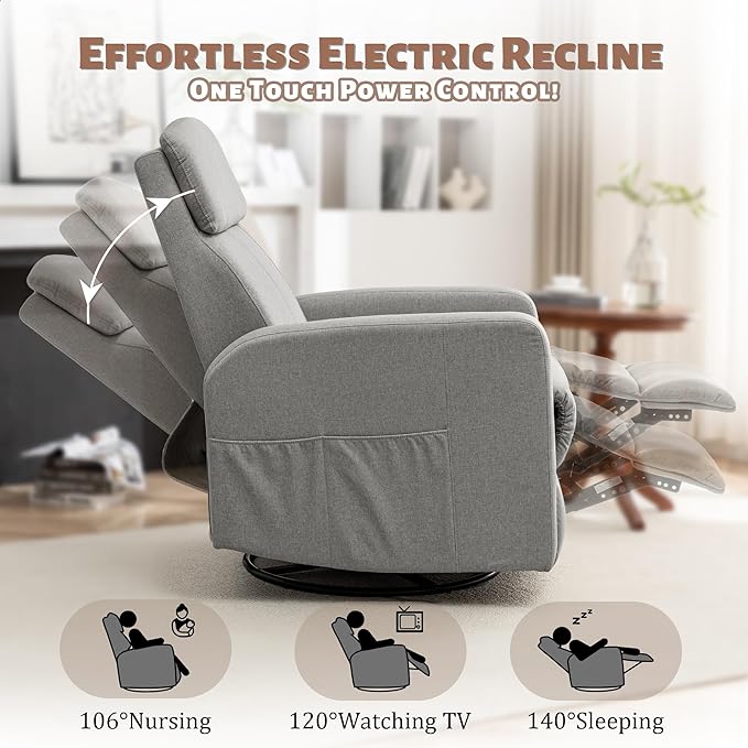 Power Swivel Recliner Chairs for Adults, Electric Glider Rocking Chair Nursery, Glider Recliner Nursery Chair with Classified Side Pocket, Nursery Rocking Chairs with USB and Type-C Ports
