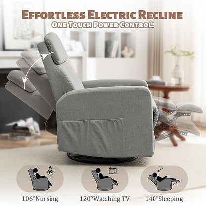 Power Swivel Recliner Chairs for Adults, Electric Glider Rocking Chair Nursery, Glider Recliner Nursery Chair with Classified Side Pocket, Nursery Rocking Chairs with USB and Type-C Ports
