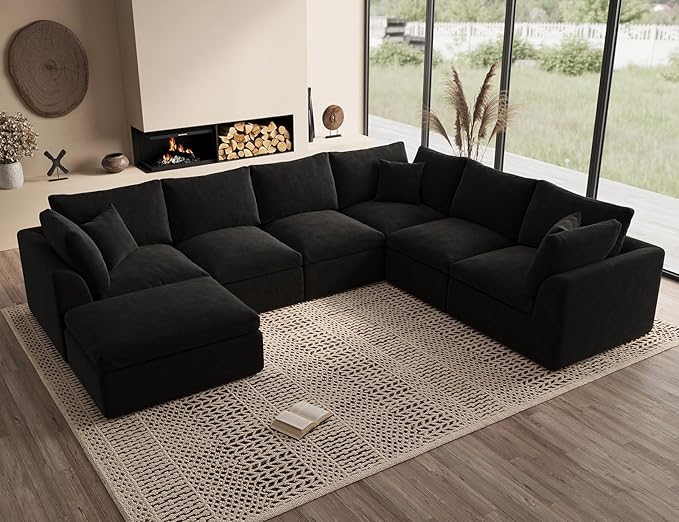 Oversized Sectional Couches for Living Room, Cloud Boneless Couch, 7 Seater Large Modular Sectional Sofa, Black