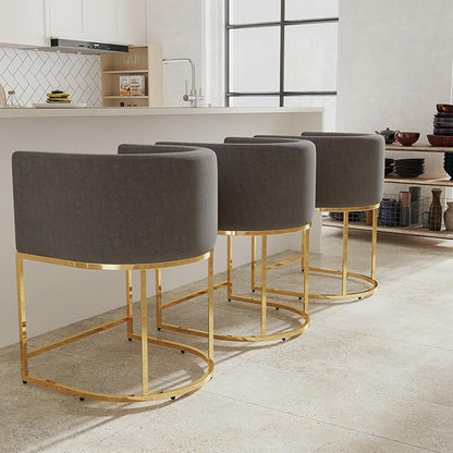 Contemporary Grey Velvet Bar Stools Set of 2, 24" Upholstered Fabric Counter Height Barstools Kitchen Counter Island Stools with Golden Metal Base
