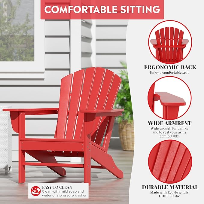 Costaelm Outdoor Adirondack Chair, HDPE Patio Chair, Weather Resistant Lawn Firepit Outside Chairs for Porch, Poolside, Garden, Backyard Deck, Red