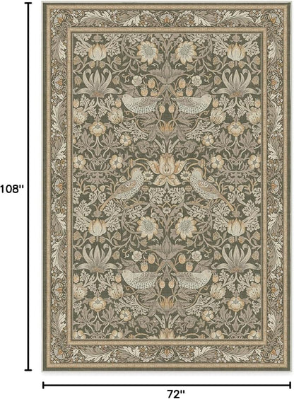 RUGGABLE x Morris & Co Machine Washable Area Rug – Strawberry Thief Stone Gold 6x9, Stain-Resistant, Non-Slip – Medium Rugs for Living Room, Bedroom, Hallway, Entryway & Office–with Cushioned Pad