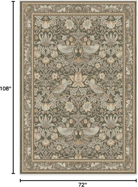 RUGGABLE x Morris & Co Machine Washable Area Rug – Strawberry Thief Stone Gold 6x9, Stain-Resistant, Non-Slip – Medium Rugs for Living Room, Bedroom, Hallway, Entryway & Office–with Cushioned Pad
