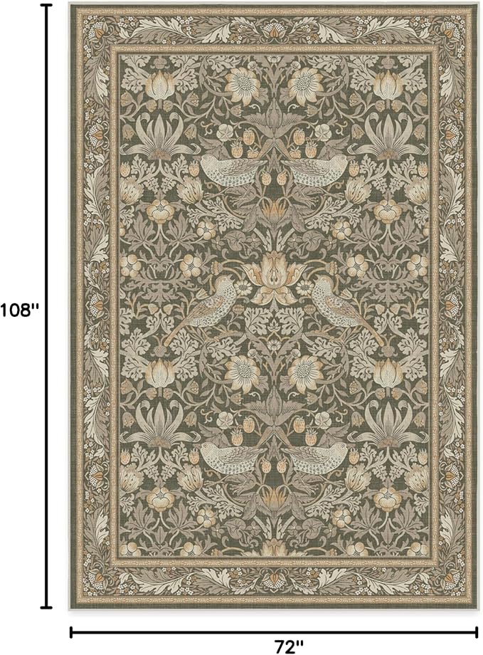 RUGGABLE x Morris & Co Washable Area Rug–Strawberry Thief Stone Gold 6x9, Stain-Resistant, Non-Slip–Medium Machine Washable Rugs for Living Room, Bedroom, Hallway, Entryway & Office–with Standard Pad