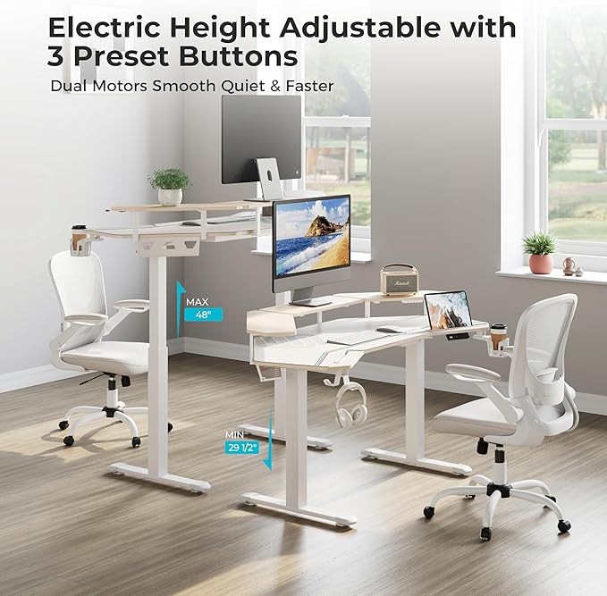 EUREKA ERGONOMIC Standing Desk,63" Electric Adjustable Height Computer Desk,Wing Shaped Music Studio Desk, LED Monitor Stands, Dual Motor&Slot, Maple