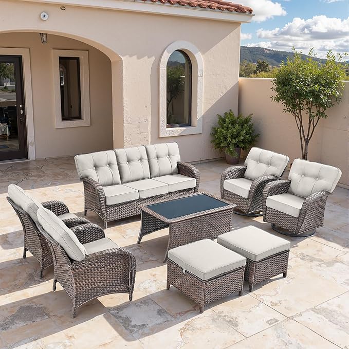4-Piece Rotating Balcony Chair Set with 31-inch T-Shaped Wide backrest - Rattan Outdoor Rotating Balcony Chairs, Wide backrest Comfortable Outdoor Sliding Chair - Brown Rattan | Beige Cushions