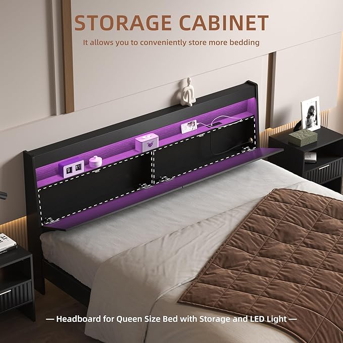 Headboard Only,Modern Headboard with Storage Built-in Power Outlets 2 USB Ports LED Lighting, Gap-Free Wall Design Easy Assembly (Black, Queen (U.S. Standard))