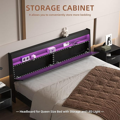 Headboard Only,Modern Headboard with Storage Built-in Power Outlets 2 USB Ports LED Lighting, Gap-Free Wall Design Easy Assembly (Black, Queen (U.S. Standard))