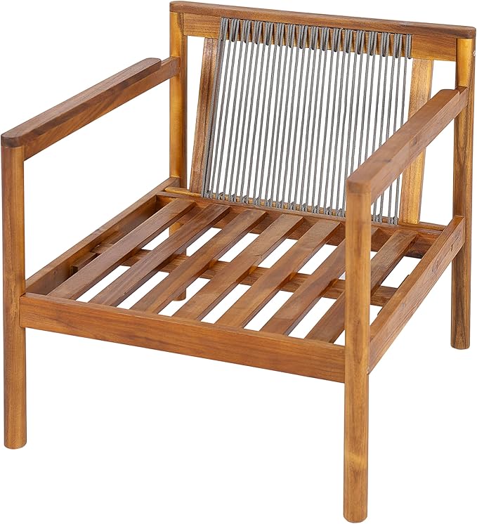 Christopher Knight Home Veera Set of 2 Acacia Wood Lounge Chair Outdoor with Rope Accent, Accent Chair with Water-Repellent Cushions, Comfy Chairs for Garden/Backyard, Patio Furniture, Teak + Cream