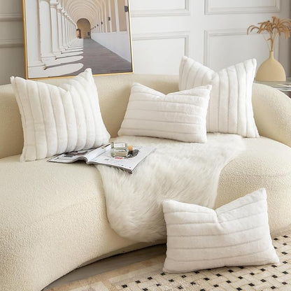 Pack of 2 Faux Fur Throw Pillow Covers 16x16 Inch Striped Decorative Soft Plush Couch Pillow Case Home Decor for Bed, Sofa, Living Room Cream White