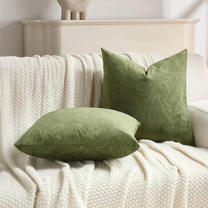 FUTEI Moss Green Velvet Throw Pillow Covers 16x16 Inch Set of 2,Soft Embossed Leaf-Relief Textured Cushion Cases,Natural Home Decor for Couch Living Room