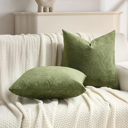 FUTEI Moss Green Velvet Throw Pillow Covers 16x16 Inch Set of 2,Soft Embossed Leaf-Relief Textured Cushion Cases,Natural Home Decor for Couch Living Room