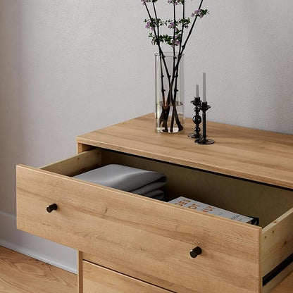 Prepac Finnley 3-Drawer Nightstand in Natural Oak, Extra-Wide Bedside Table with Storage, Modern End Table for Home, Bedroom, 16" D x 31" W x 26.75" H