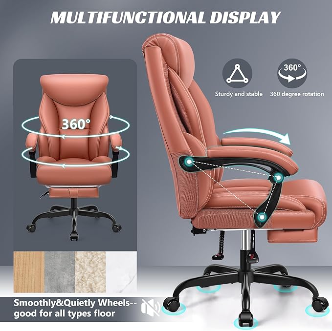 Office Chair, Executive Leather Chair Big and Tall Ergonomic Computer Desk Chair, Comfy Swivel Rolling Reclining Lumbar Support Task Chair with Adjustable High Back Foot Rest for Home Gaming