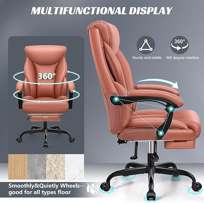 Office Chair, Executive Leather Chair Big and Tall Ergonomic Computer Desk Chair, Comfy Swivel Rolling Reclining Lumbar Support Task Chair with Adjustable High Back Foot Rest for Home Gaming