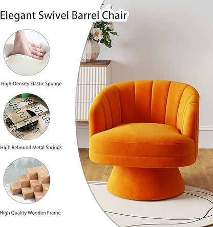 Swivel Accent Chair,Upholstered Velvet 360° Swivel Barrel Chair for Living Room Overstuffed Bouncle Reading Chair Round Armchair for Bedroom,Vanity,Office (Orange)