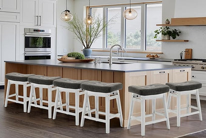 Counter Height Bar Stools Set of 6 for Kitchen Counter Farmhouse Modern Barstools with Faux Leather Upholstered Backless Seat and Solid Wood Legs 24 inch Bar Chairs, Grey + White
