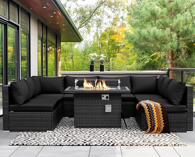 NICESOUL 9 Piece Extra Large Outdoor Patio Furniture Conversation Set with Fire Pit Natural Gas/Propane, 29.3'' High Back Modular Deep Seat Sectional Sofa Set for Outside, 2 Color Cushion Black&Gray
