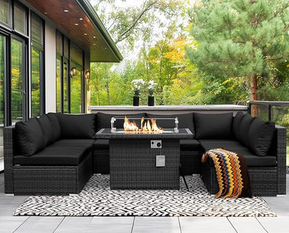 NICESOUL 9 Piece Extra Large Outdoor Patio Furniture Conversation Set with Fire Pit Natural Gas/Propane, 29.3'' High Back Modular Deep Seat Sectional Sofa Set for Outside, 2 Color Cushion Black&Gray