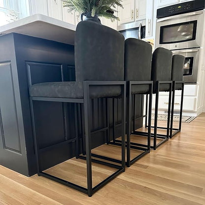 PHI VILLA Black Bar Stools Set of 4, Counter Height 24'' Barstool Pu Leather Bar Stools with Back, Kitchen Bar Chairs