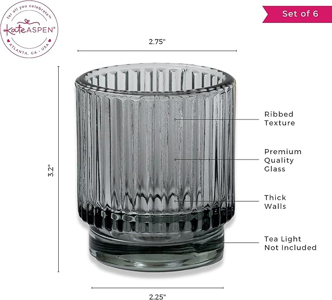 Kate Aspen Ribbed Glass Candle Holder Set - 6 Smoke Gray Tealight Holders for Home, Kitchen, Room or Living Room Decor - Vintage Tea Light Votive Accent for Table or Shelf Styling (Pack of 6)