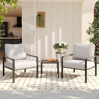 Sundale Outdoor 3 Pieces Patio Rattan Furniture Set, All-weather Metal Outdoor Conversation Set with 6 Inch Cushions and Coffee Table, Outdoor Sofa Set for Garden, Backyard, Porch, Balcony, Light Grey