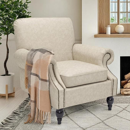 Accent Chair,22.4" Seat Depth Armchair with Roll Arms,36.6W*34.3D*34.6H Living Room Chair,Wood Legs,Set of 1,Faux Leather in Khaki