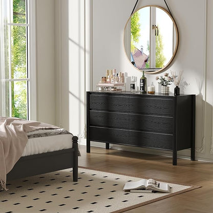 CHUWELL Dresser for Bedroom, 47" Wide Mid Century Chest of Drawers with 7 Large Storage Space and 4 Solid Wood Cylindrical Legs, 7 Drawer Large Dresser for Bedroom(Black)