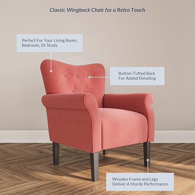 BELLEZE Modern Accent Chair, High Back Armchair, Upholstered Wingback Side Chair, Padded Single Sofa with Wooden Legs for Living Room, Bedroom - Brick