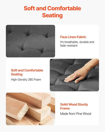 VEVOR Large Square Ottoman Coffee Table, 34.5 Inch Tufted Coffee Table with Solid Wood Shelf Storage, Linen Solid Upholstered Footrest Ottoman for Bedroom Living Room, 400 LBS, Dark Grey