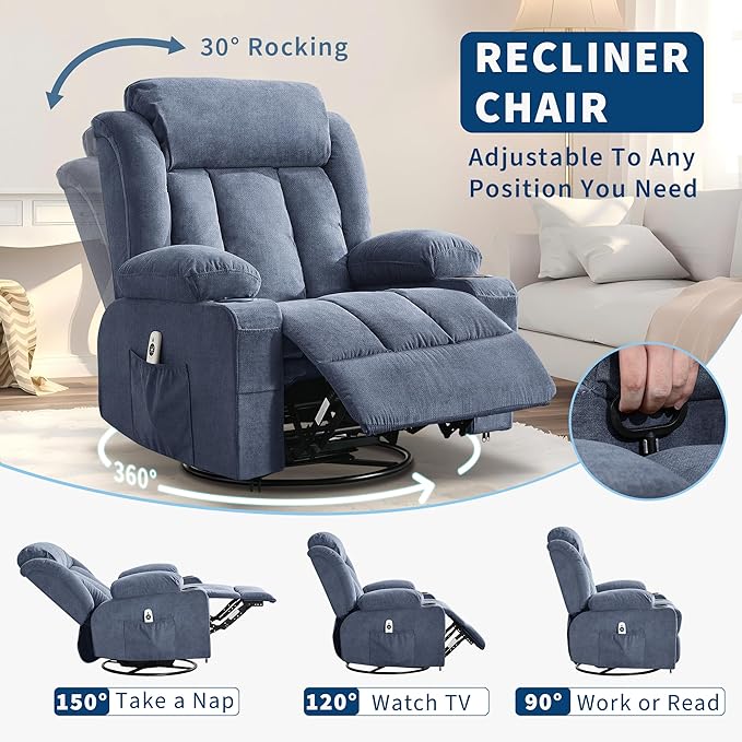 Rocker Recliner Chair with Heat and Massage, 360° Swivel Oversized Recliner for Adults, Single Sofa Seat with 3 Positions, 2 Side Pockets, Cup Holders, and USB Ports, Lazy Boy Recliner (Large, Blue)