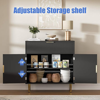Sideboard Buffet Cabinet with 2 Doors & Drawer, Coffee Bar with Adjustable Shelves, Liquor Cabinet with Storage, Accent Cabinet Console Table for Living Dining Room, Black