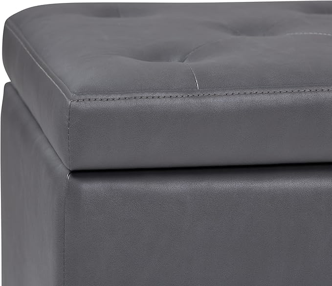 SIMPLIHOME Hamilton 48 inch Wide Transitional Rectangle Storage Ottoman in Stone Grey Vegan Faux Leather, Assembled, For the Living Room, Entryway and Family Room