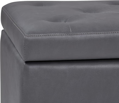 SIMPLIHOME Hamilton 48 inch Wide Transitional Rectangle Storage Ottoman in Stone Grey Vegan Faux Leather, Assembled, For the Living Room, Entryway and Family Room