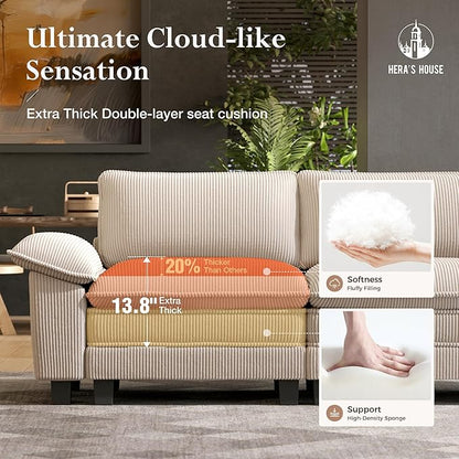 HERA'S HOUSE 124" Modular Sectional Sofa, Oversized U Shaped Couches for Living Room, Comfy Cloud Couch with Ottoman, 5-Seater Deep Seat Sofa with Throw Pillow, Corduroy Beige